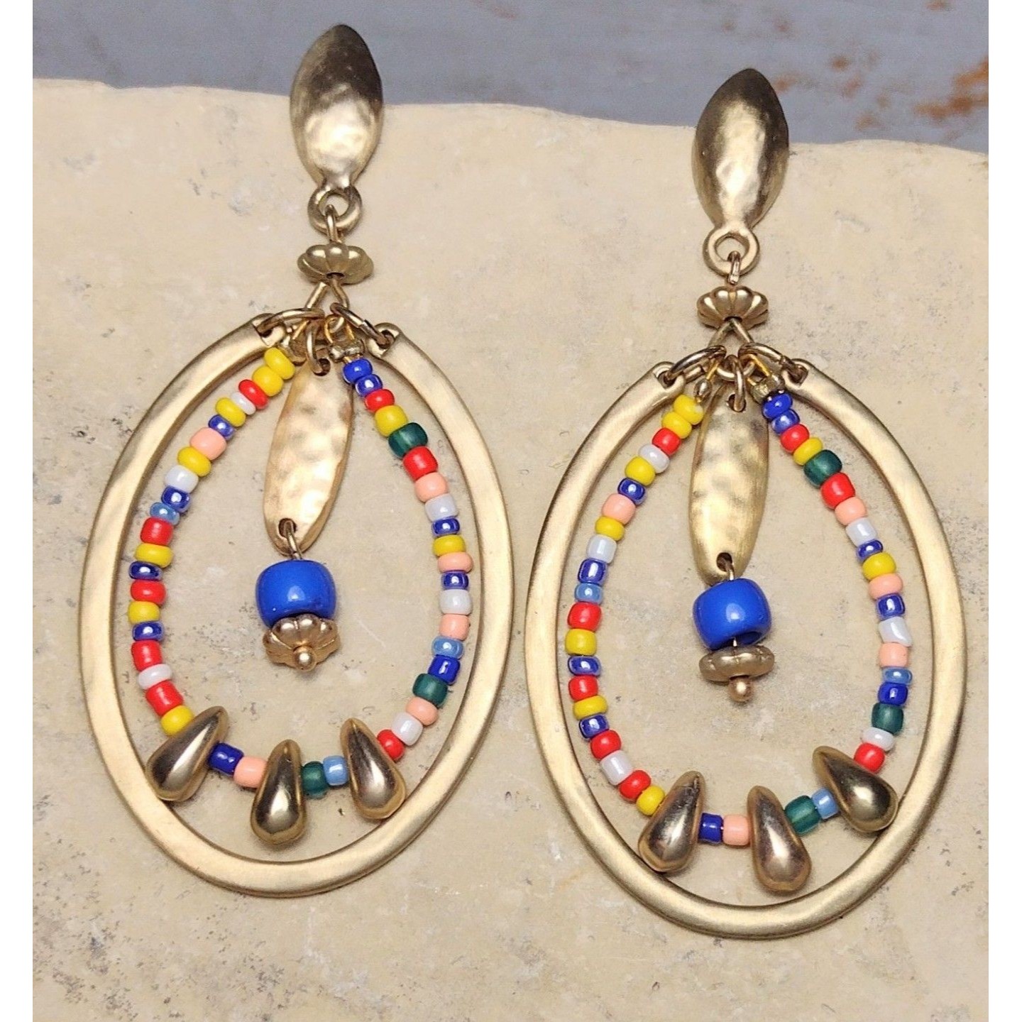 Satin Gold Tone Glass Beaded Hoop Statement Earrings Boho